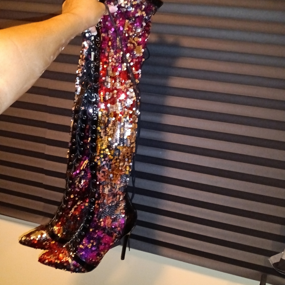 Multicolor Sequins Thigh High Boots Lace Up